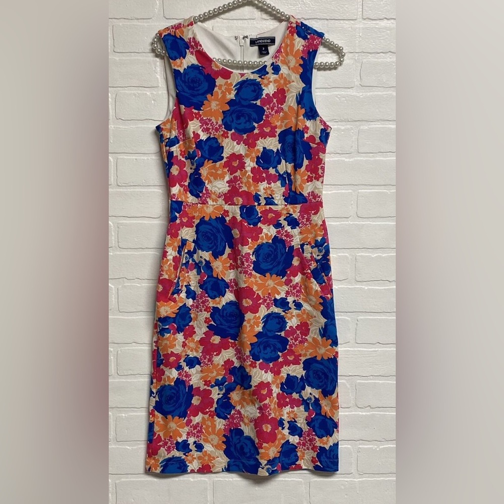 Lands End Sleeveless Ponte Knit Sheath Stretch Dress Floral Front Pockets Sz 2